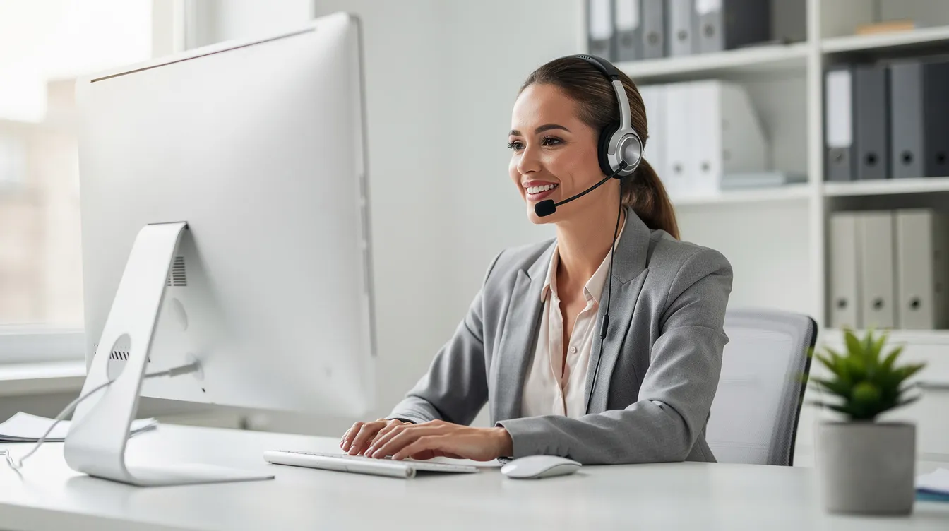A friendly spa receptionist wearing a headset smiles while looking at a computer screen in a clean office setting, showcasing her commitment to great customer service and security verification. The atmosphere reflects a welcoming environment focused on wellness and self-care for clients seeking aesthetic treatments.