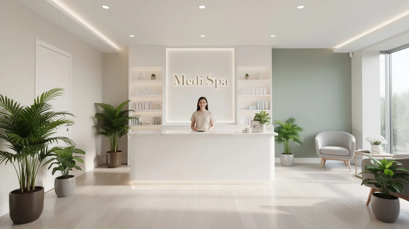 The image depicts a bright and modern medi spa reception area featuring a sleek front desk, lush green plants, and soft, inviting lighting. Friendly staff members are ready to provide great customer service, ensuring a welcoming atmosphere for patients seeking aesthetic treatments and wellness services.